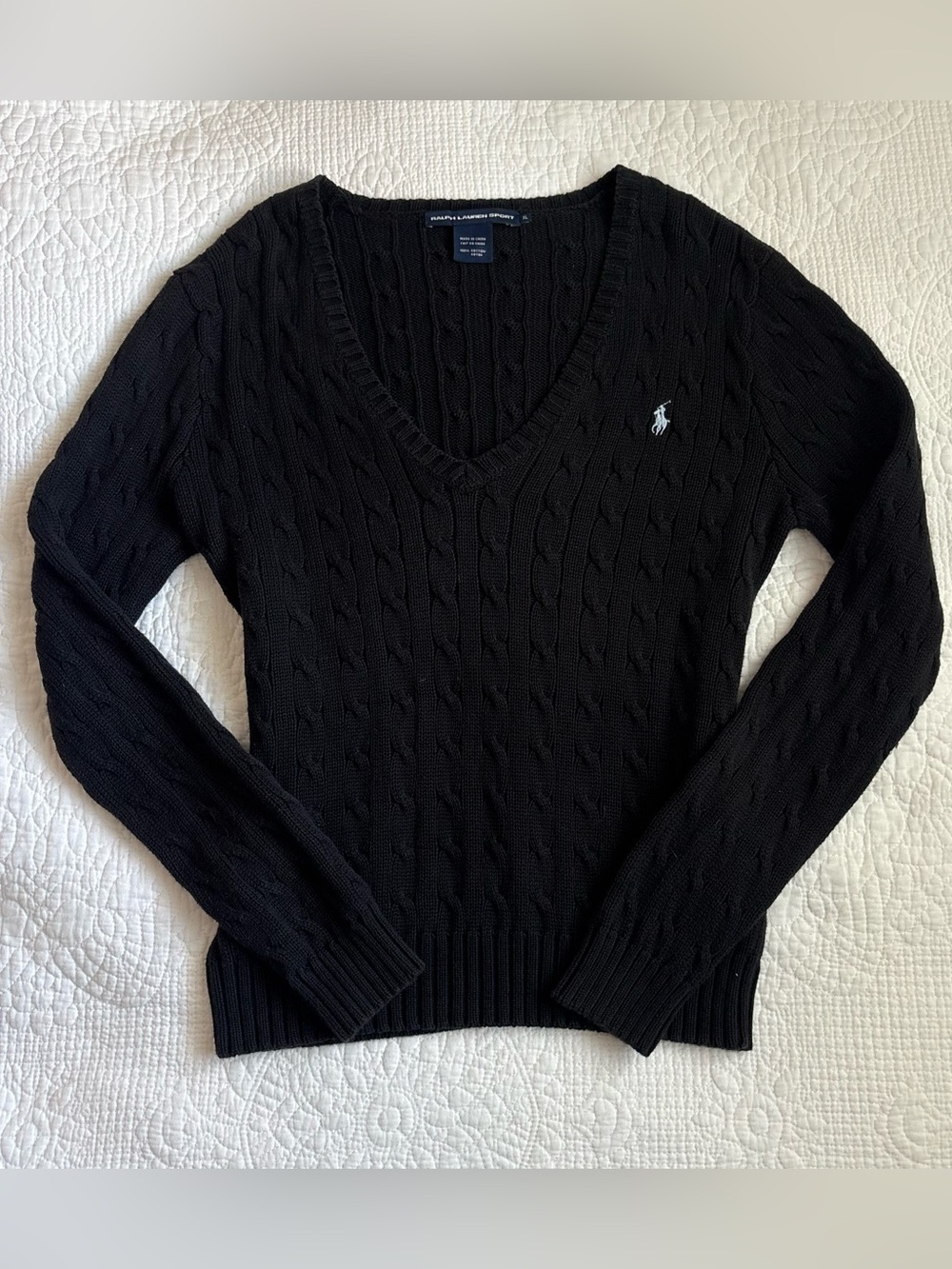 Ralph Lauren Black Cable-Knit Fitted V-Neck Sweater